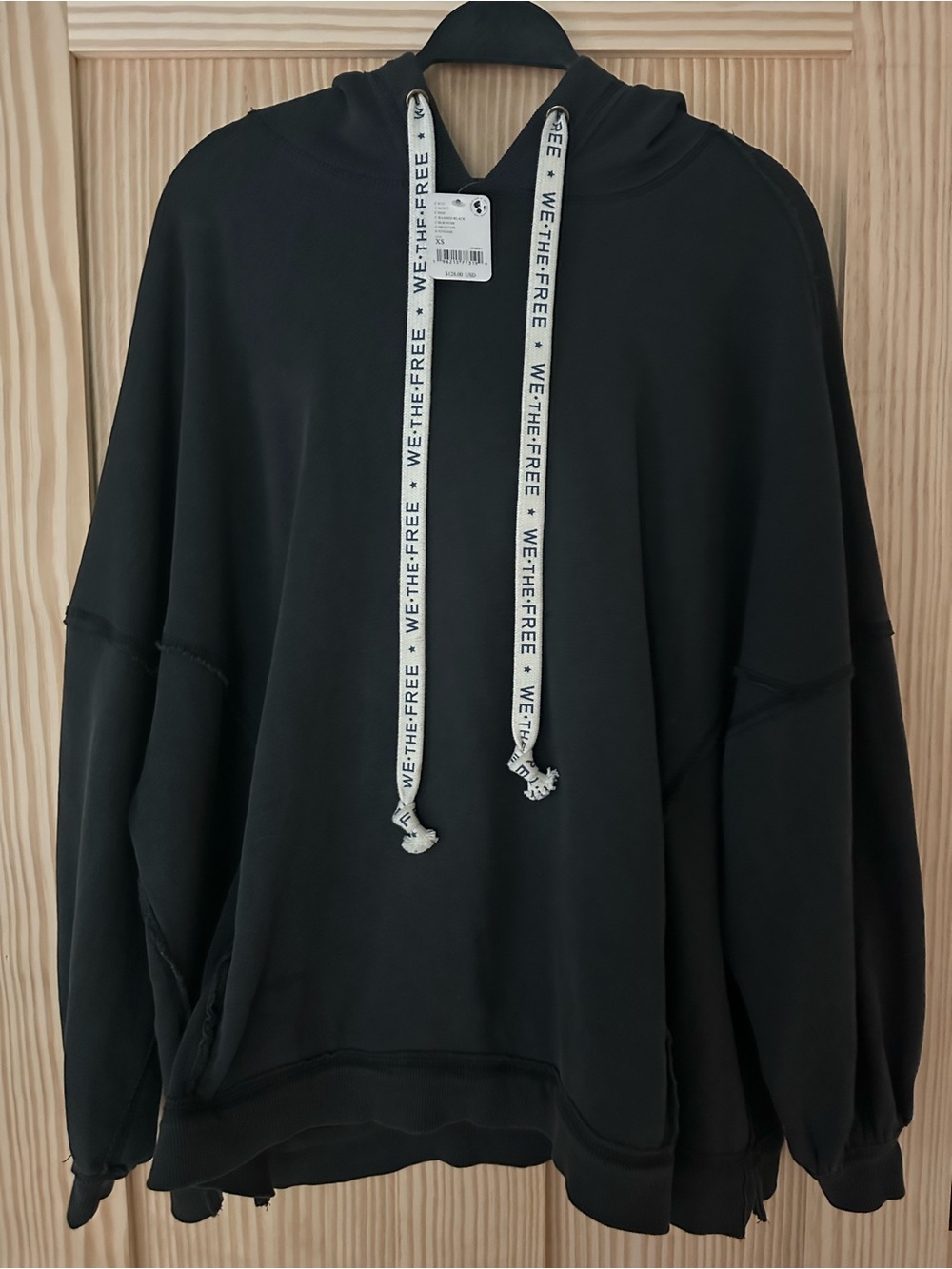 Free People Black oversized hoodie with Branded Drawcords